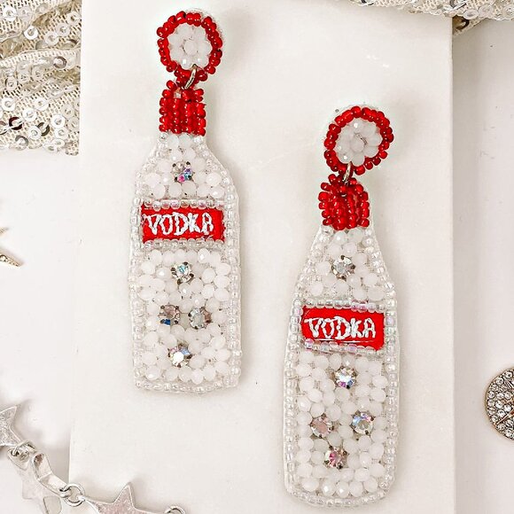 Iconic Brand Vodka Bottle Beaded Rhinestone Earrings - Picture 2 of 3